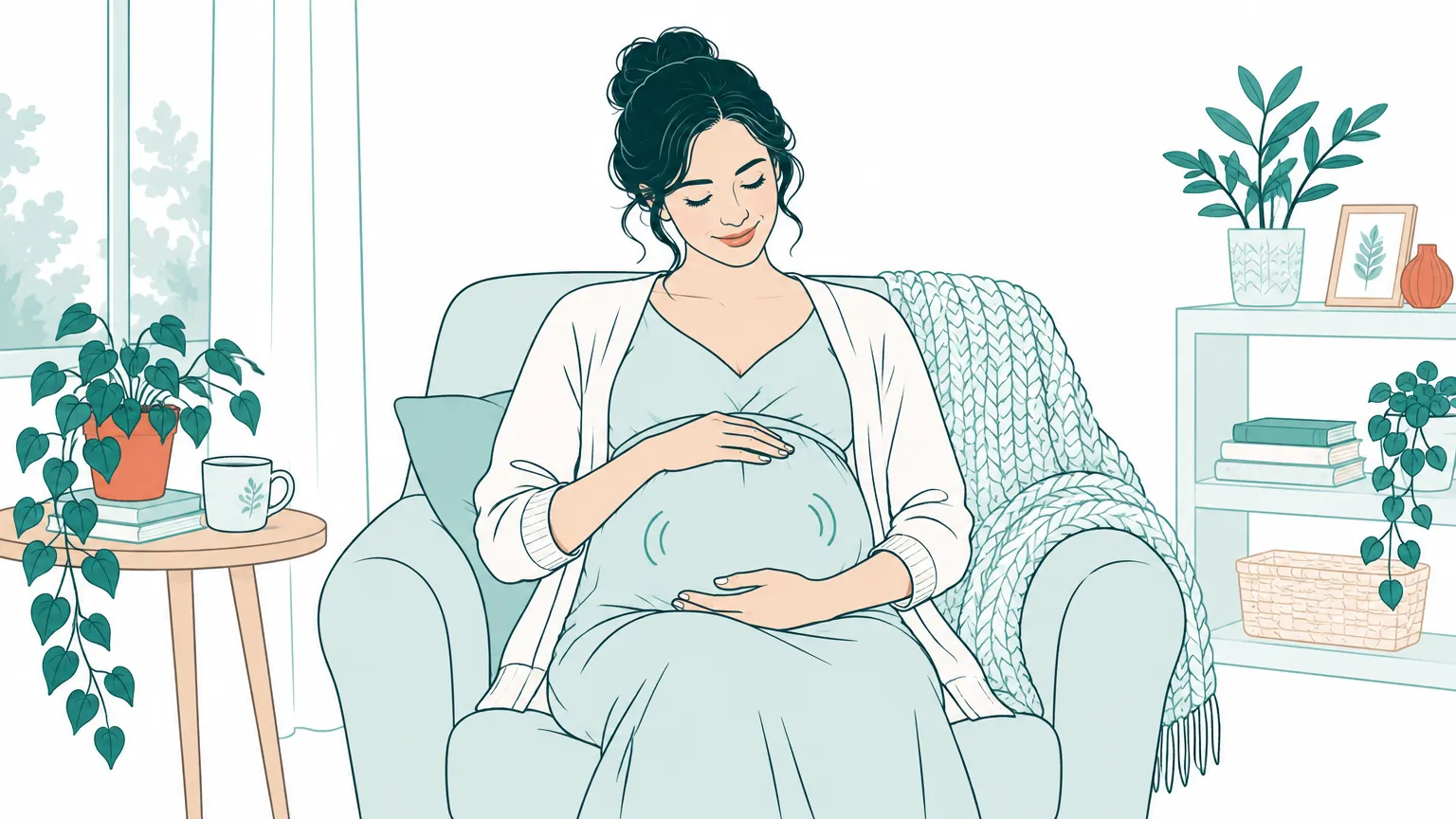 Ilustrație cu o femeie însărcinată așezată relaxată într-un fotoliu luminos, ținându-și mâinile pe burtică cu o expresie liniștită.