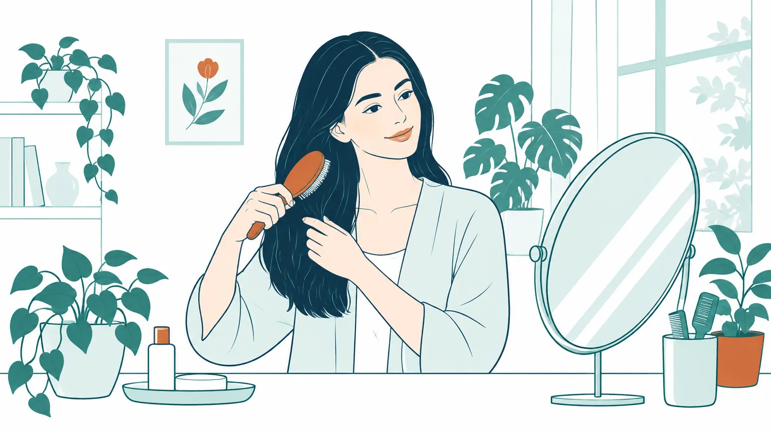 Ilustrație caldă cu o femeie care își piaptănă părul cu blândețe în fața unei oglinzi, într-o cameră luminoasă.