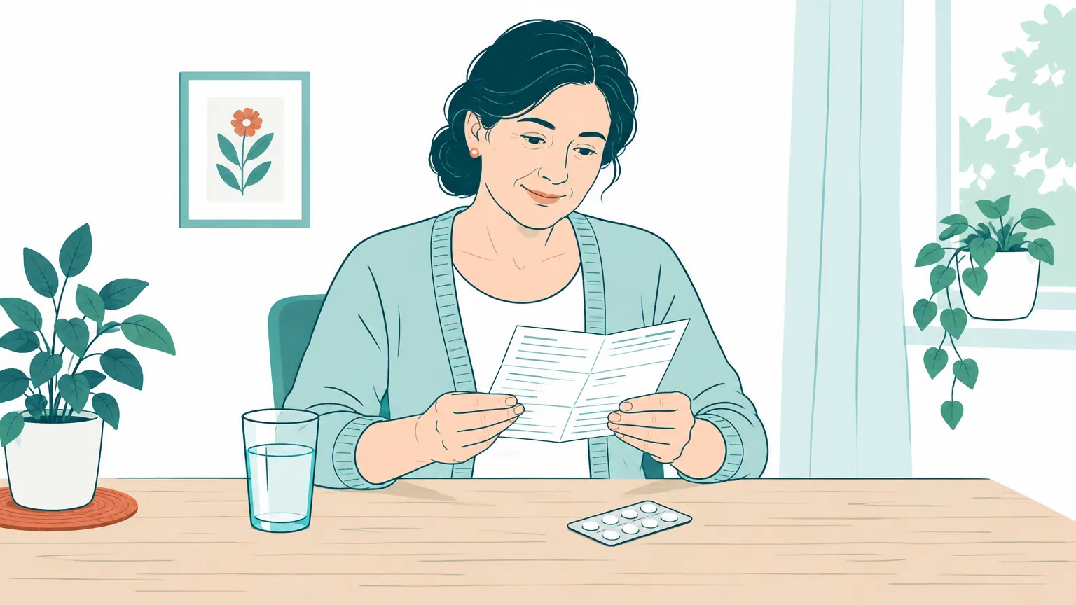 Ilustrație cu o femeie așezată la masă care citește cu atenție prospectul unui medicament.