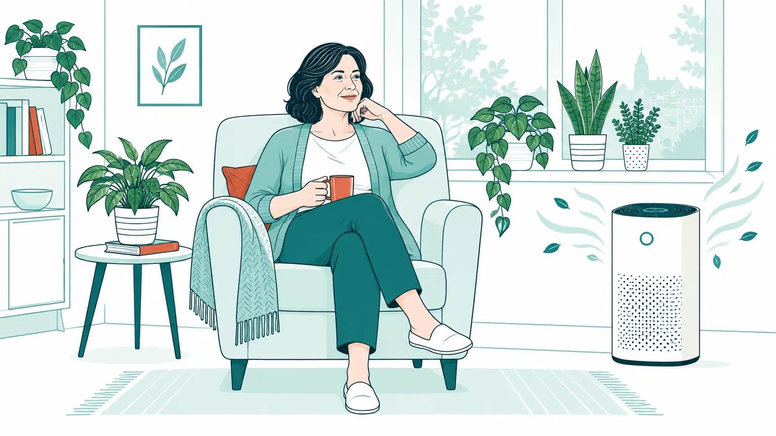 O ilustrație în culori calde cu o femeie care se odihnește într-o cameră luminoasă, lângă un purificator de aer și plante verzi.