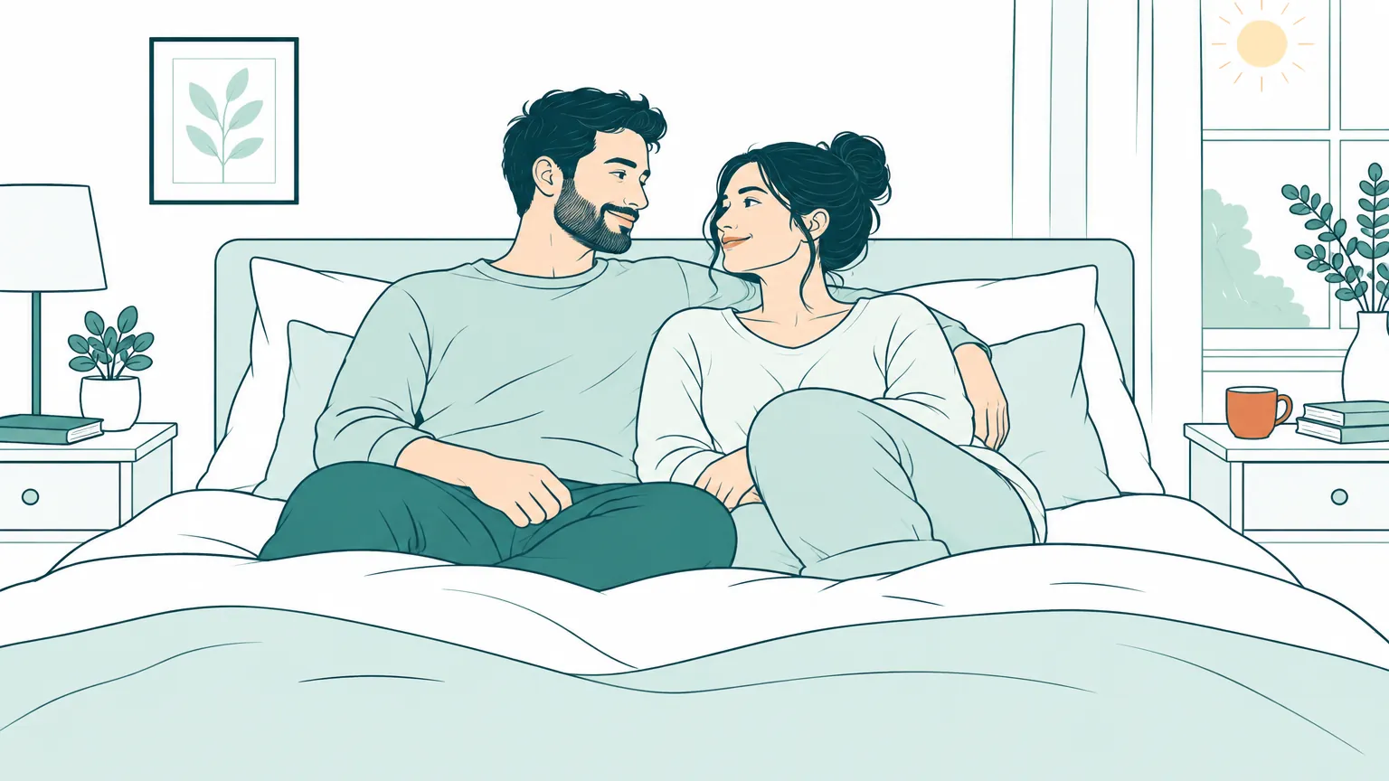 Ilustrație cu un cuplu relaxat stând pe un pat confortabil cu perne de sprijin, într-o atmosferă caldă și luminoasă.