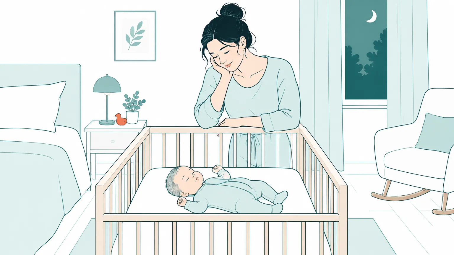 Ilustrație caldă cu un bebeluș care doarme liniștit pe spate într-un pătuț sigur, vegheat de mama sa într-o cameră odihnitoare.