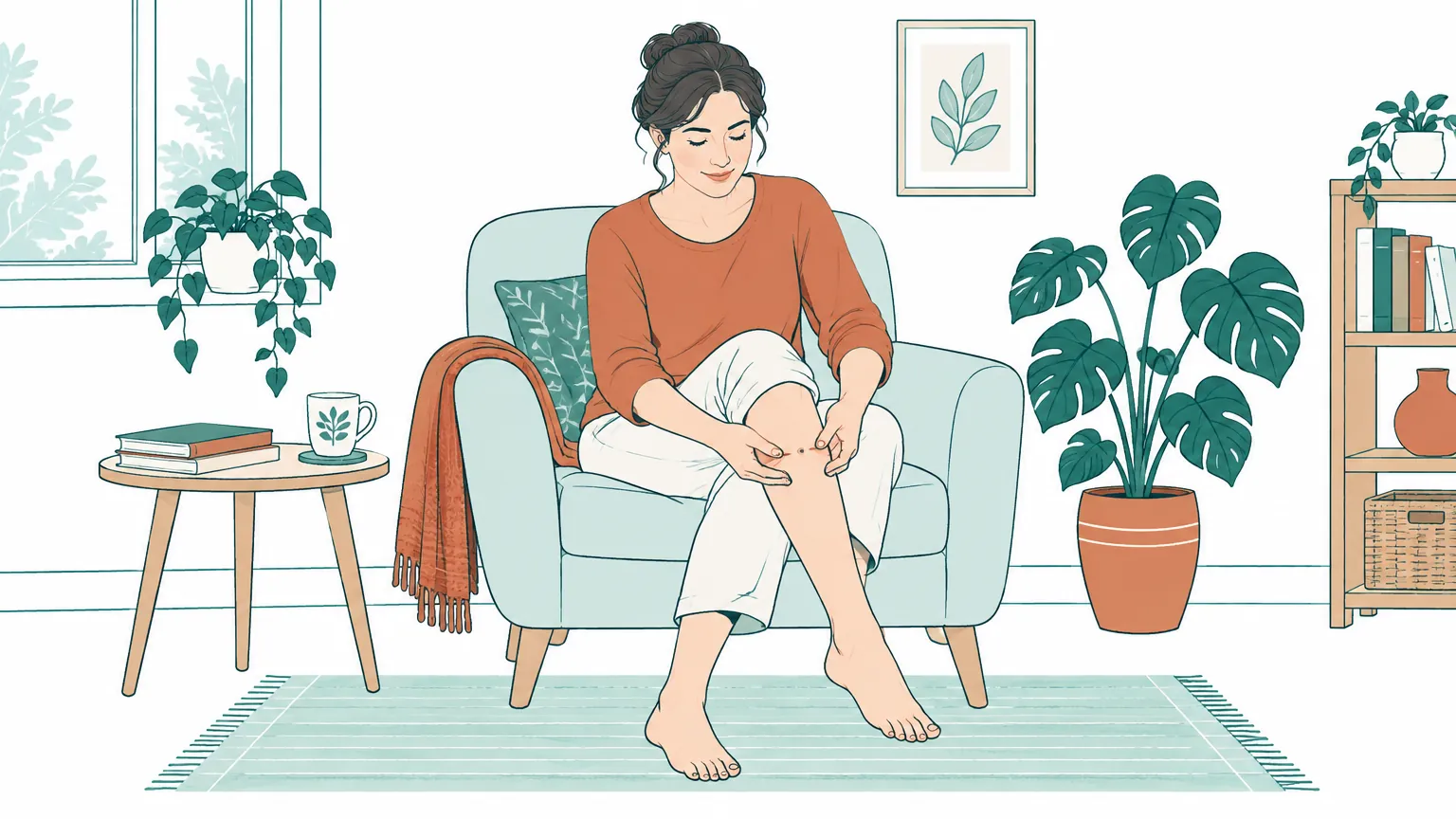 Ilustrație caldă cu o femeie așezată relaxată care aplică o presopunctură blândă pe picior.