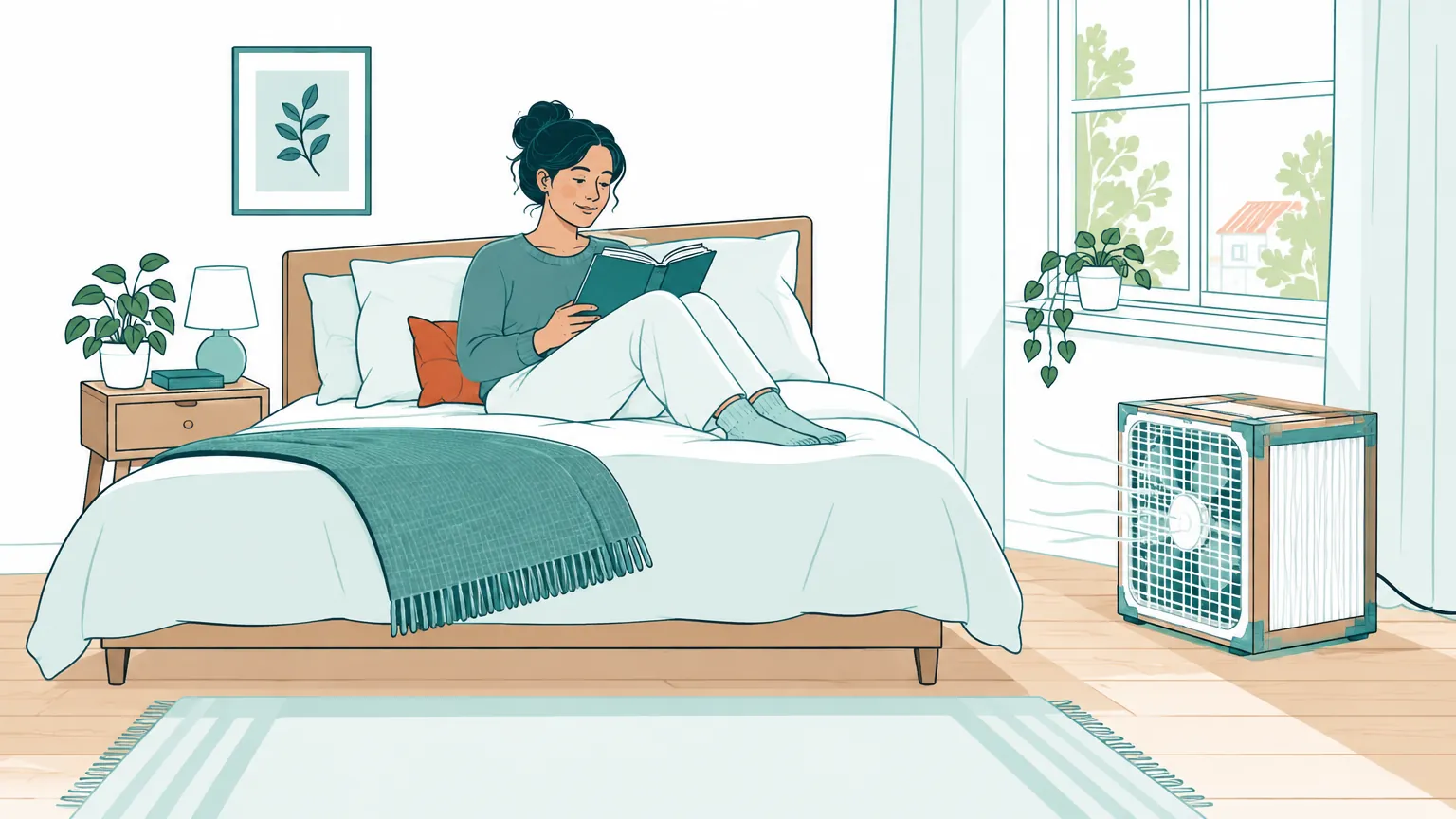 Ilustrație cu o persoană care citește într-un dormitor liniștit, lângă un purificator de aer artizanal pus în funcțiune.