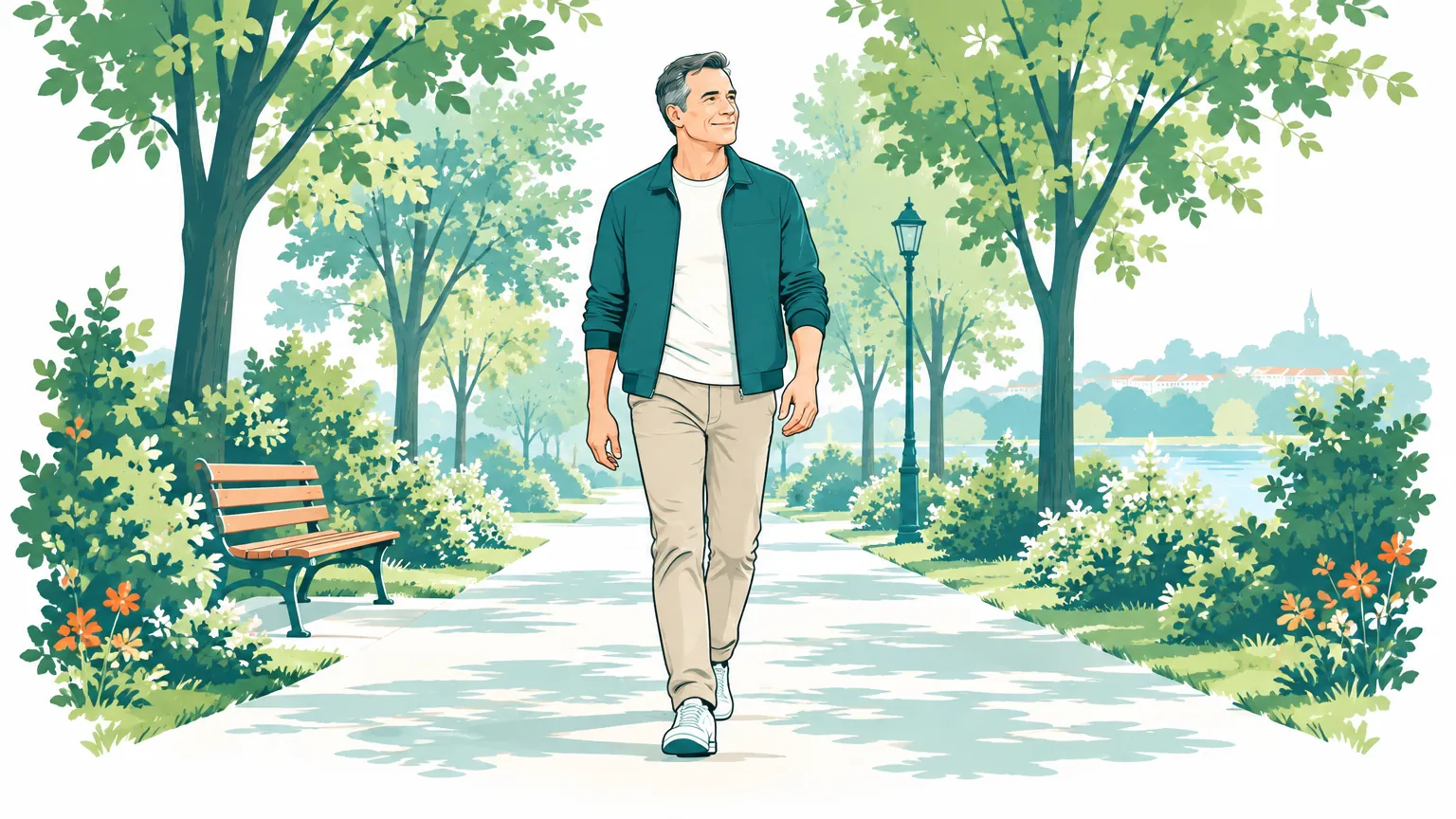 Ilustrație în culori calde cu un bărbat matur care se plimbă liniștit pe o alee luminoasă dintr-un parc.