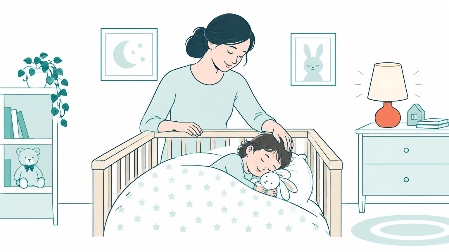 Ilustrație cu o mamă care își mângâie cu blândețe copilul în pătuț pentru a-l ajuta să adoarmă.