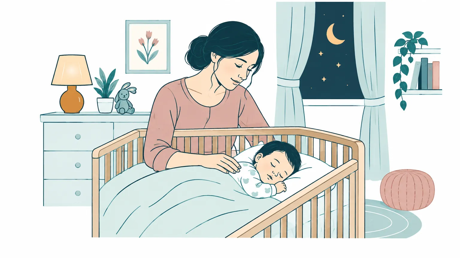 O ilustrație caldă în care o mamă își veghează cu blândețe bebelușul somnoros așezat în pătuț, într-o cameră cu lumină difuză.