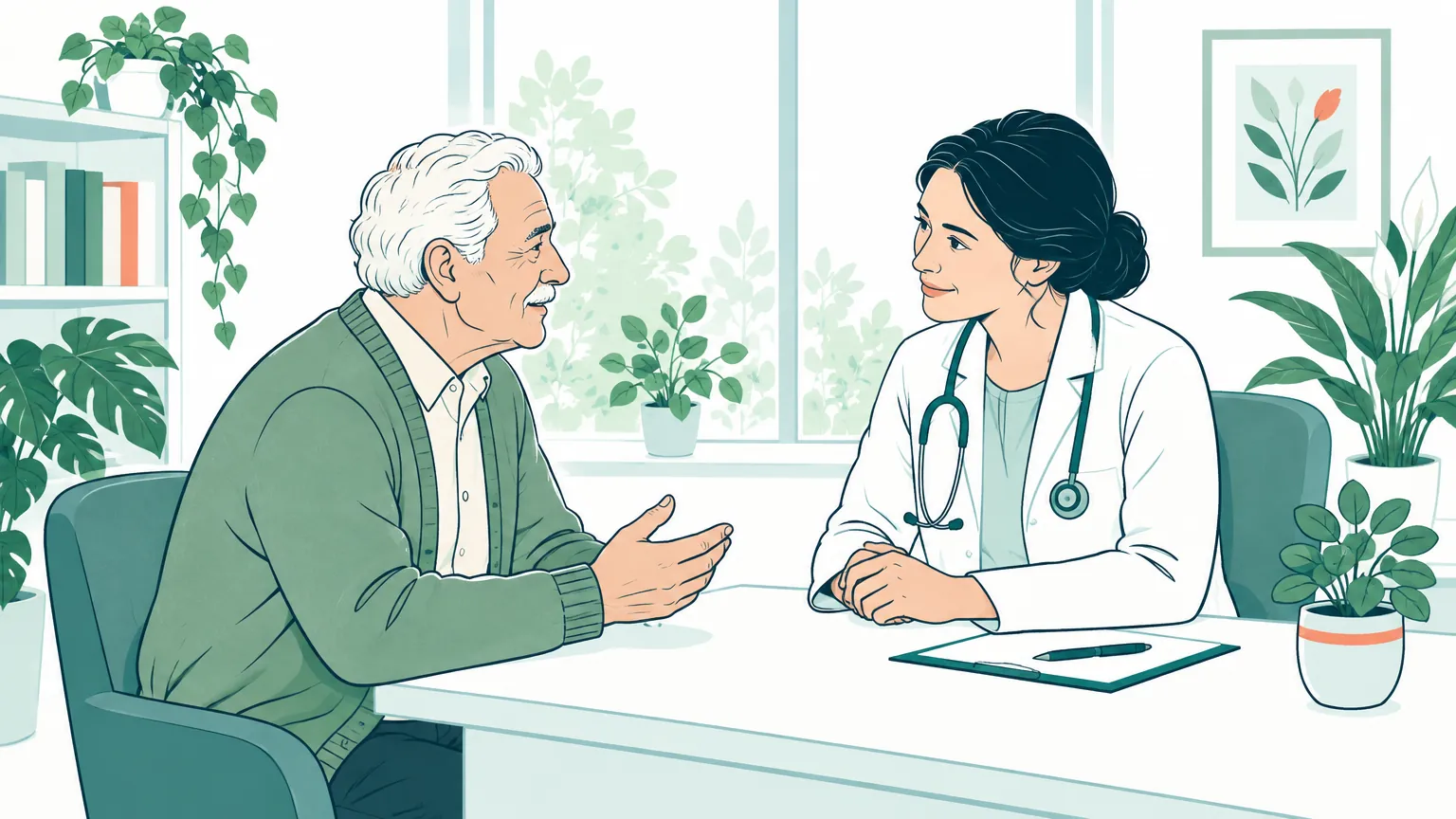 Ilustrație în culori calde cu un bărbat în vârstă care discută liniștit cu medicul într-un cabinet luminos.