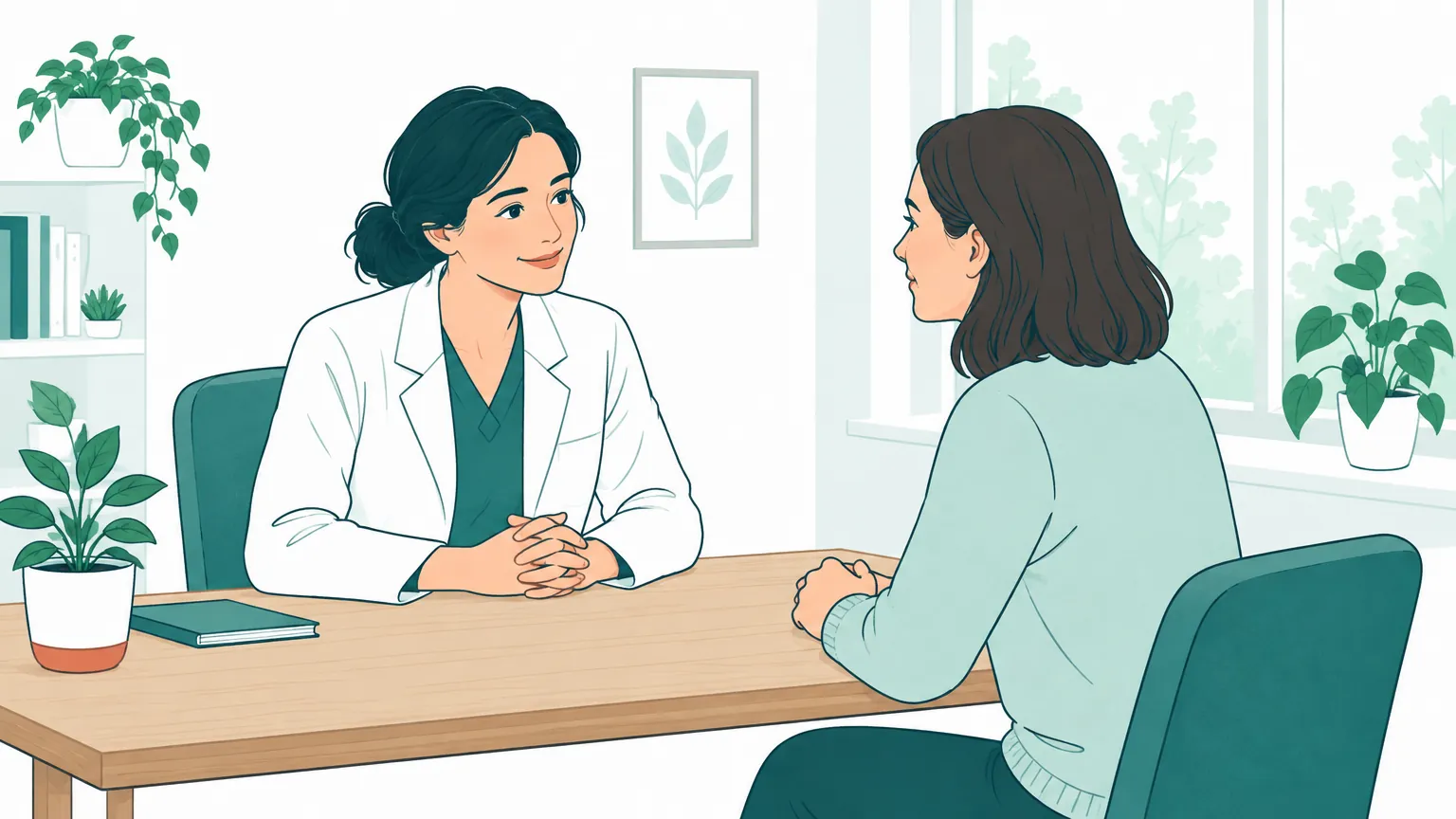 Ilustrație în culori calde cu o femeie care discută calm cu medicul ginecolog într-un cabinet luminos.