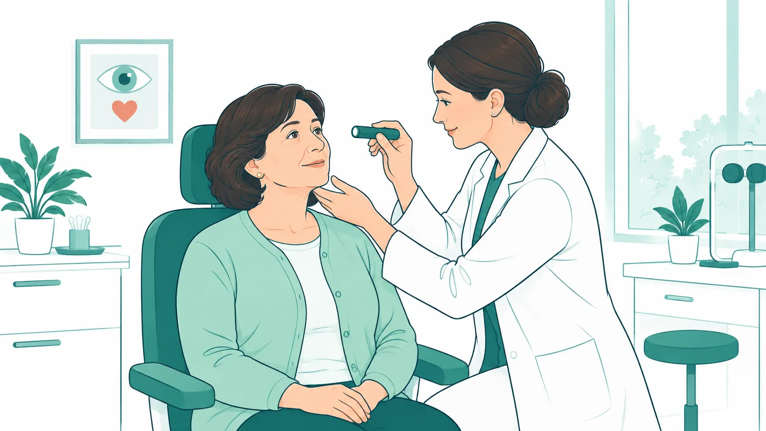 Ilustrație cu o persoană adultă la o consultație oftalmologică de rutină într-un cabinet medical primitor și luminos.