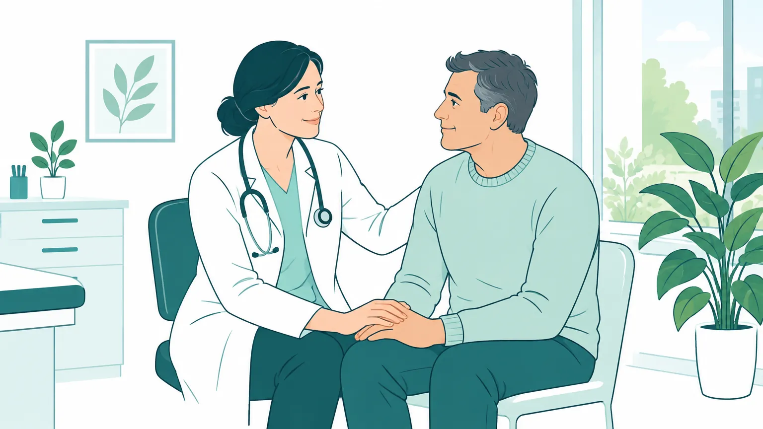 Ilustrație caldă reprezentând un medic care discută liniștitor cu un pacient într-un cabinet luminos.