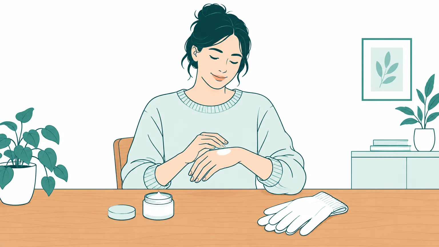 Ilustrație caldă în care o persoană își aplică o cremă hidratantă pe mâini într-un cadru liniștit de acasă.
