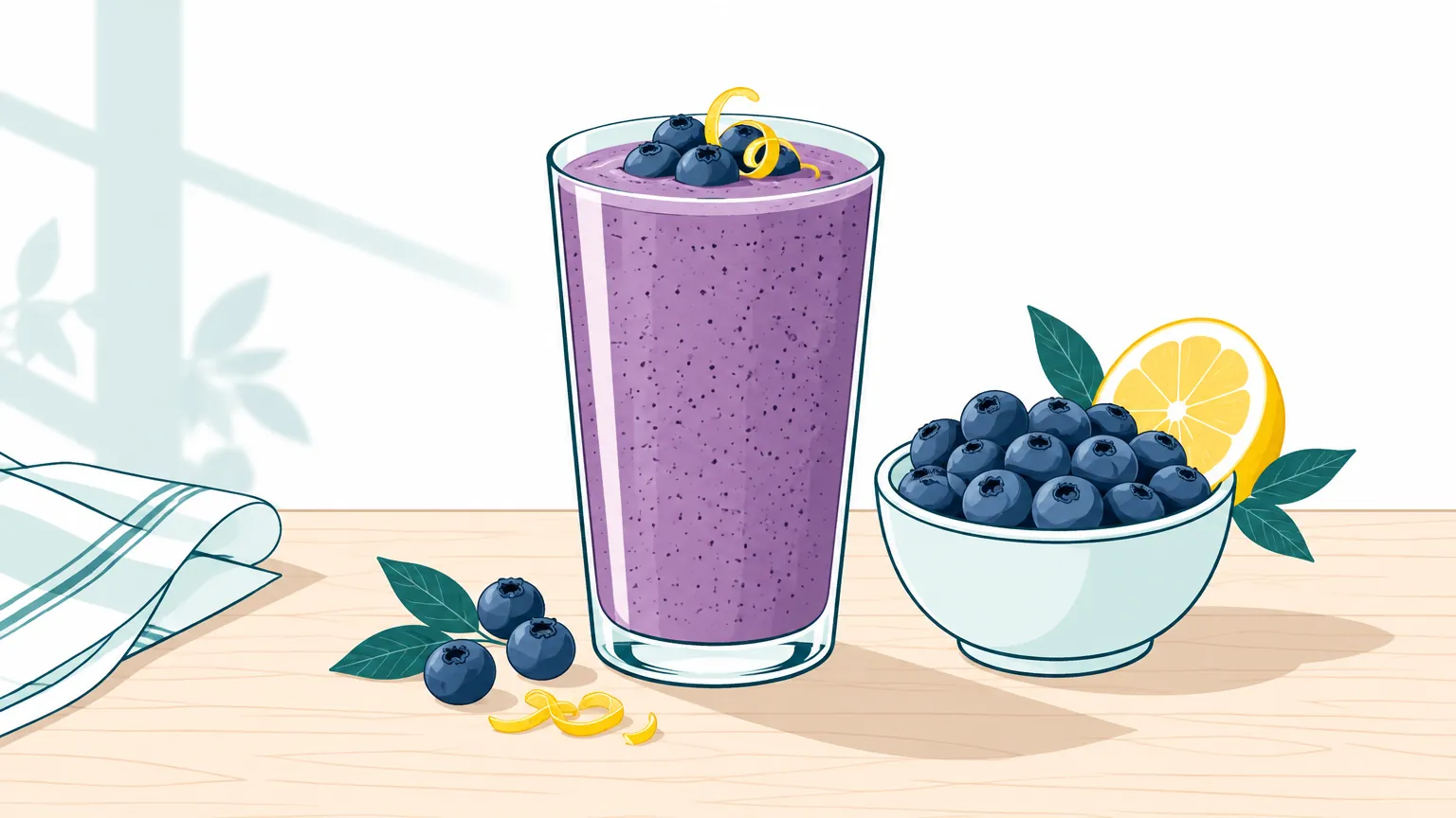 Ilustrație luminoasă cu un pahar de smoothie cremos de afine, decorat cu fructe proaspete și coajă de lămâie pe o masă de bucătărie.