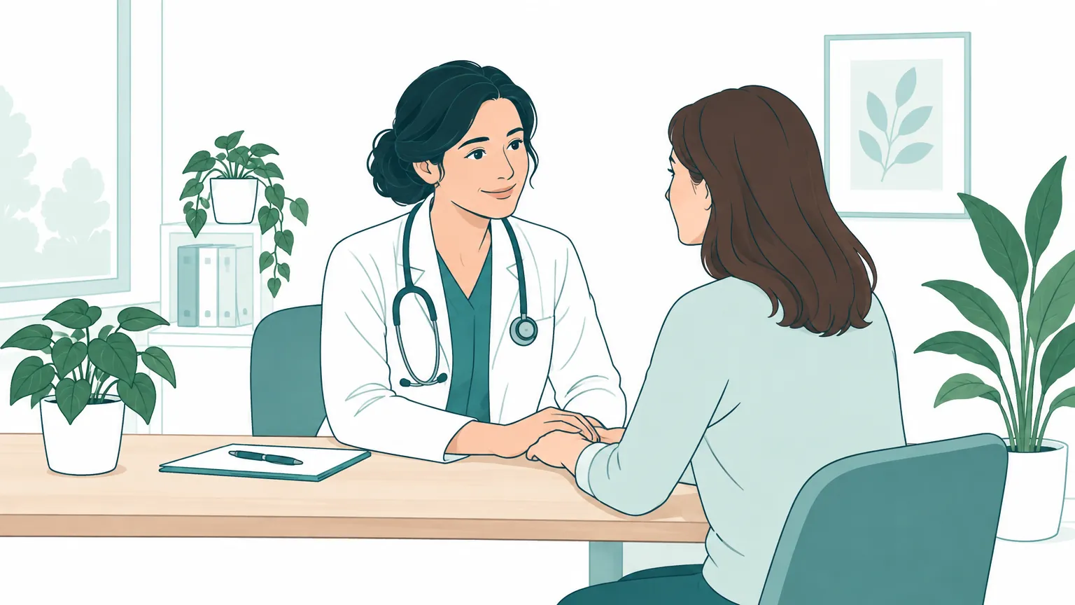 Ilustrație în tonuri calde cu o femeie care discută liniștită cu o doctoriță într-un cabinet medical luminos.
