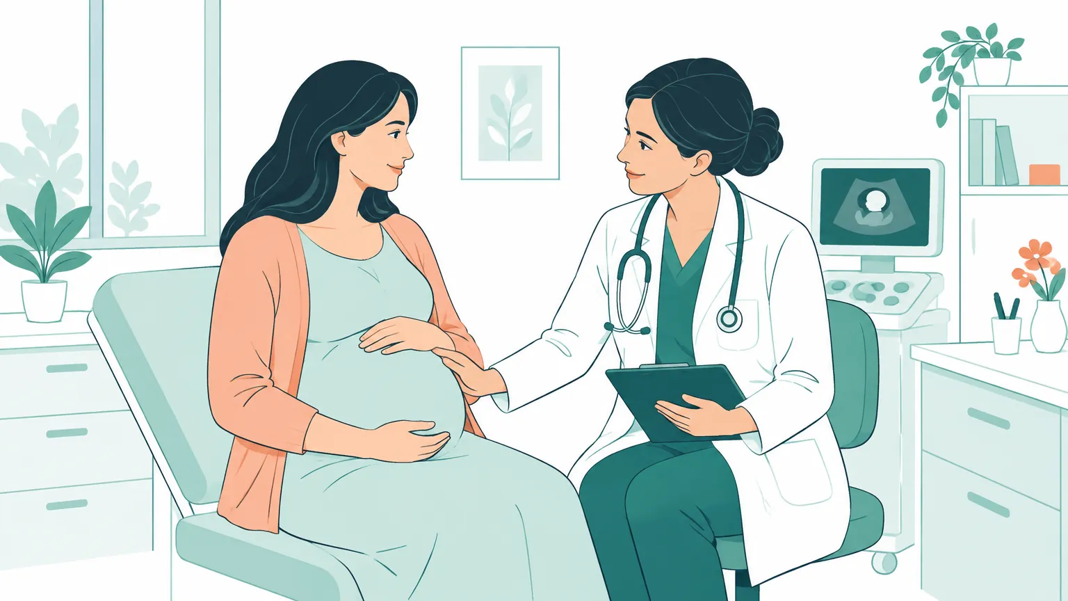O femeie însărcinată discută liniștită cu medicul ei într-un cabinet medical luminos.