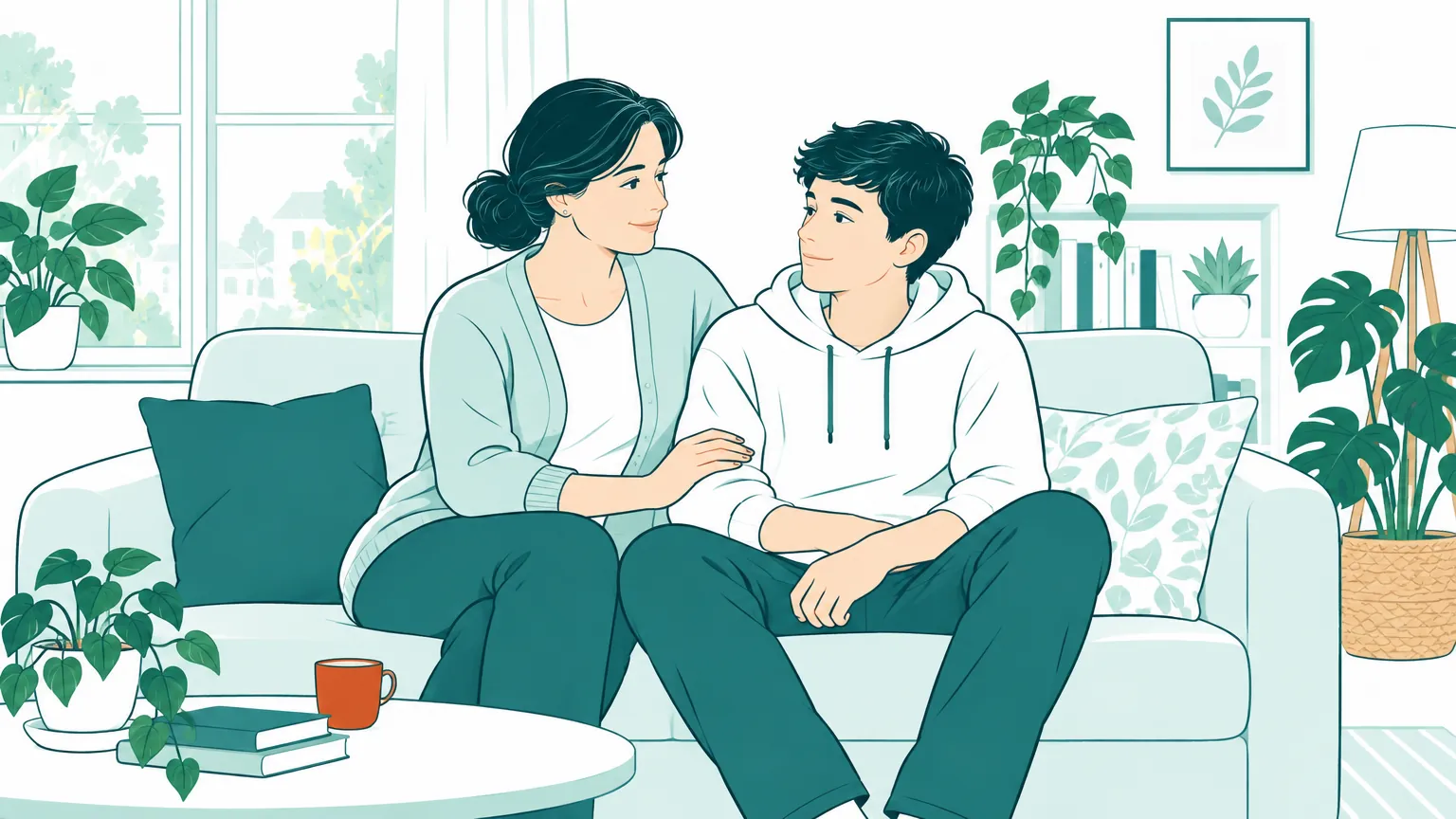 O ilustrație în tonuri calde care înfățișează o mamă și un adolescent așezați liniștiți pe o canapea într-o cameră luminoasă.