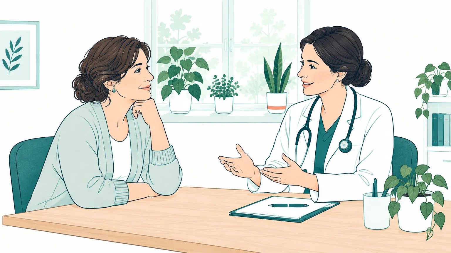 Ilustrație cu o femeie de vârstă mijlocie care discută calm și cu încredere cu medicul ei într-un cabinet medical luminos.