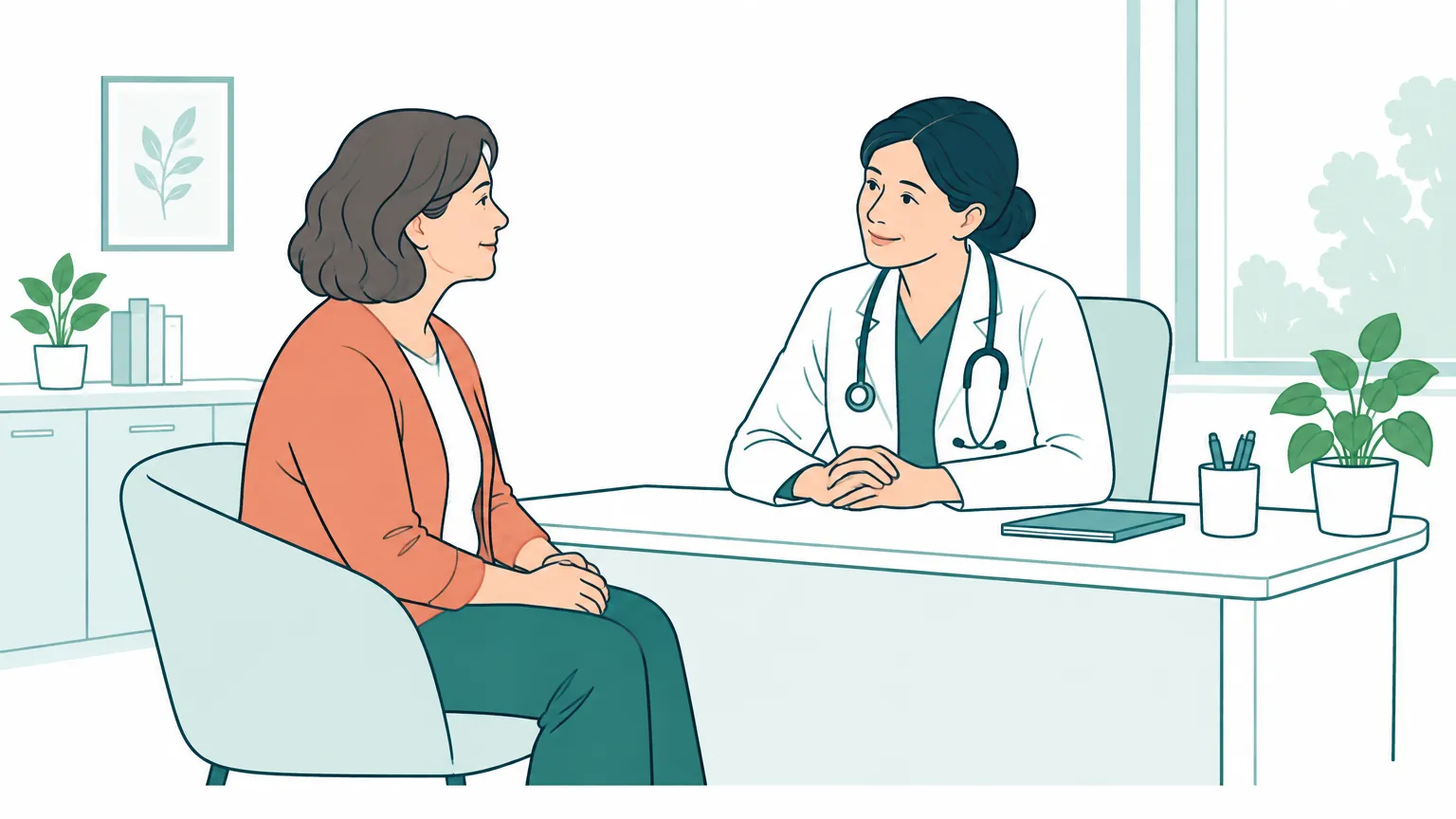 Ilustrație în culori calde cu o pacientă așezată relaxat la birou în timpul unei consultații medicale liniștite.