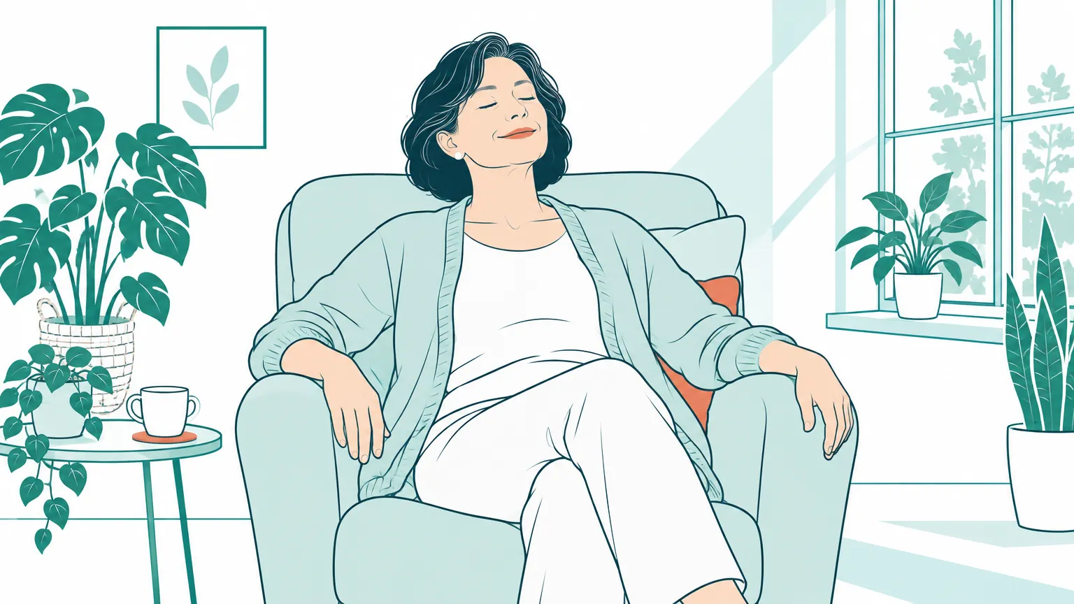 Ilustrație în culori calde cu o femeie așezată confortabil într-un fotoliu, relaxându-se liniștită într-o cameră luminoasă.