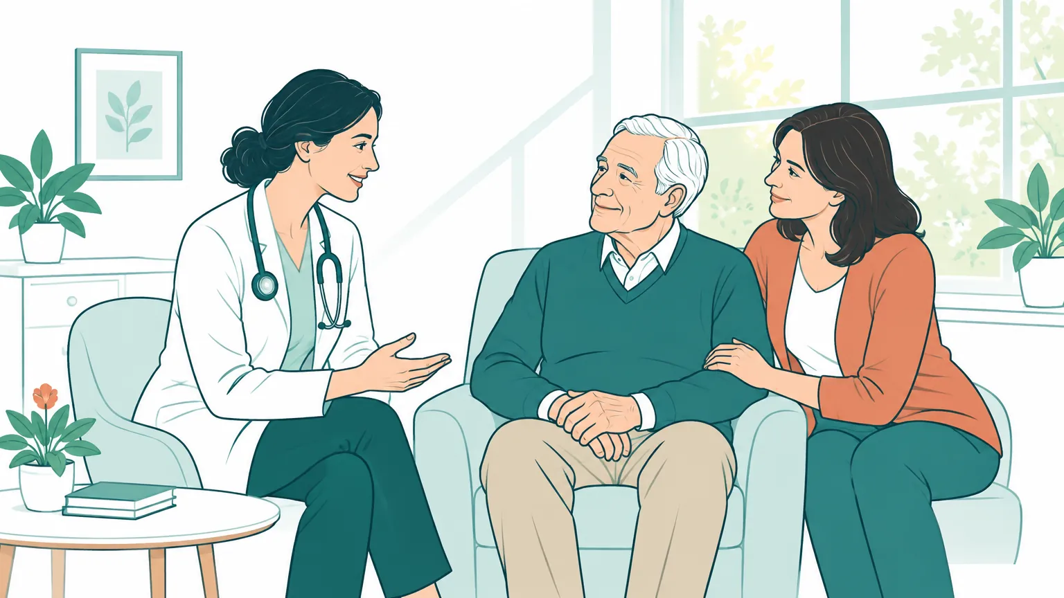 Ilustrație în culori calde cu o doctoriță care discută liniștitor cu un pacient vârstnic și fiica acestuia într-un cabinet luminos.