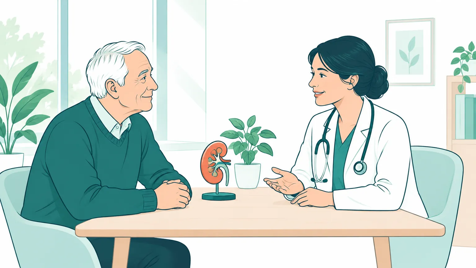Ilustrație în culori calde cu un bărbat în vârstă care discută liniștit cu o doctoriță într-un cabinet luminos.