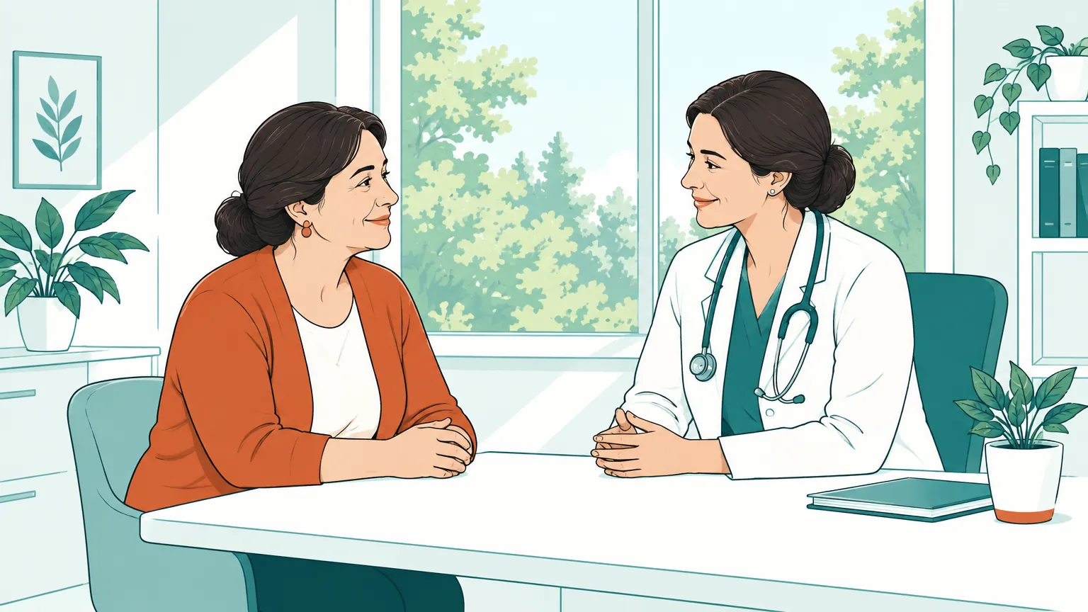 Ilustrație în culori calde cu o femeie discutând liniștită cu medicul său într-un cabinet luminos.