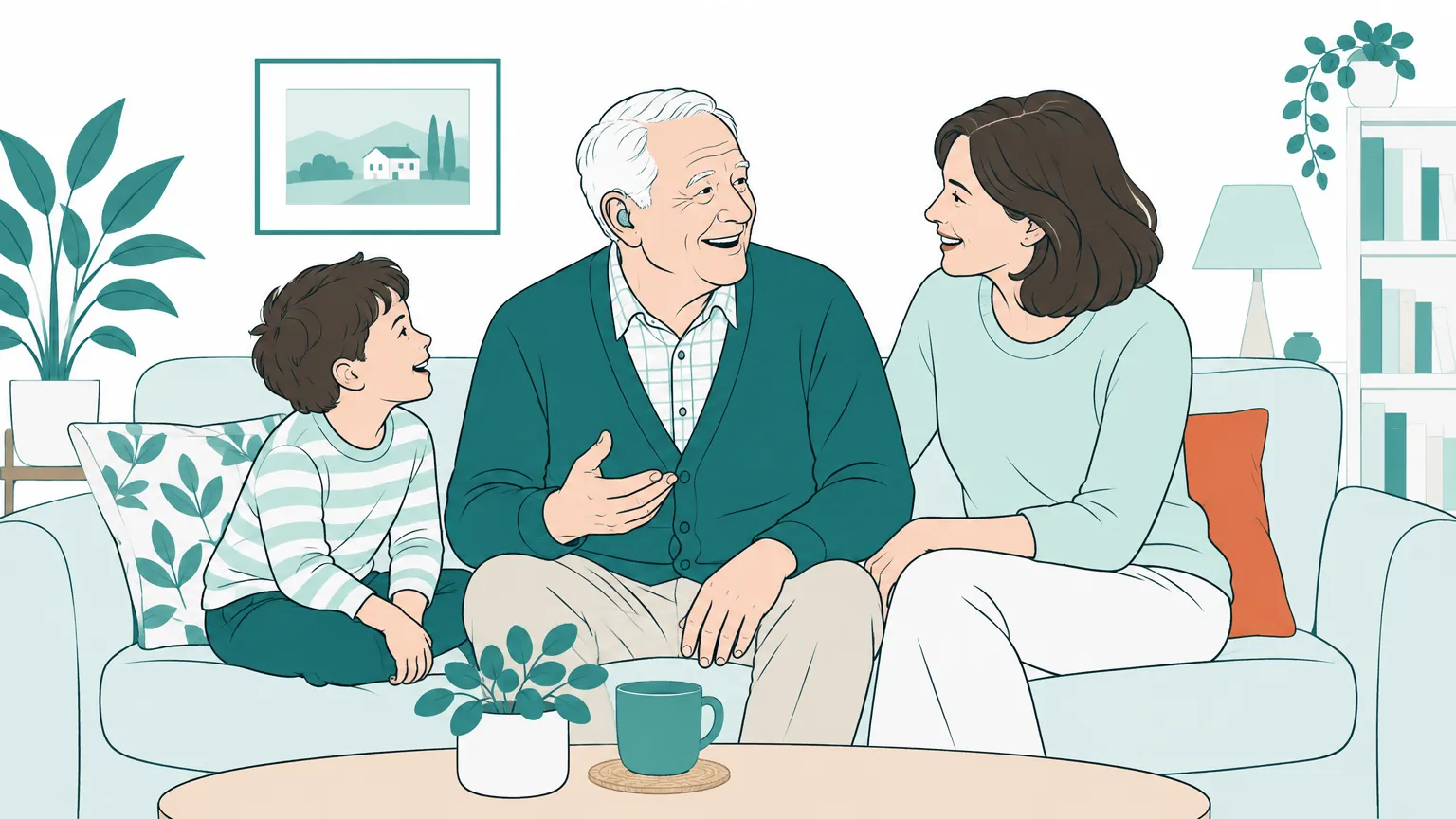 Ilustrație caldă cu un bunic zâmbitor care discută liniștit cu fiica și nepotul său într-o cameră luminoasă.