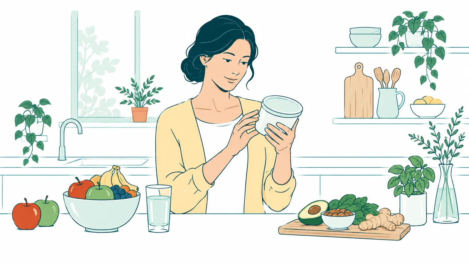 Ilustrație în tonuri calde cu o femeie într-o bucătărie luminoasă, examinând liniștită alimentele de pe masă alături de fructe proaspete.