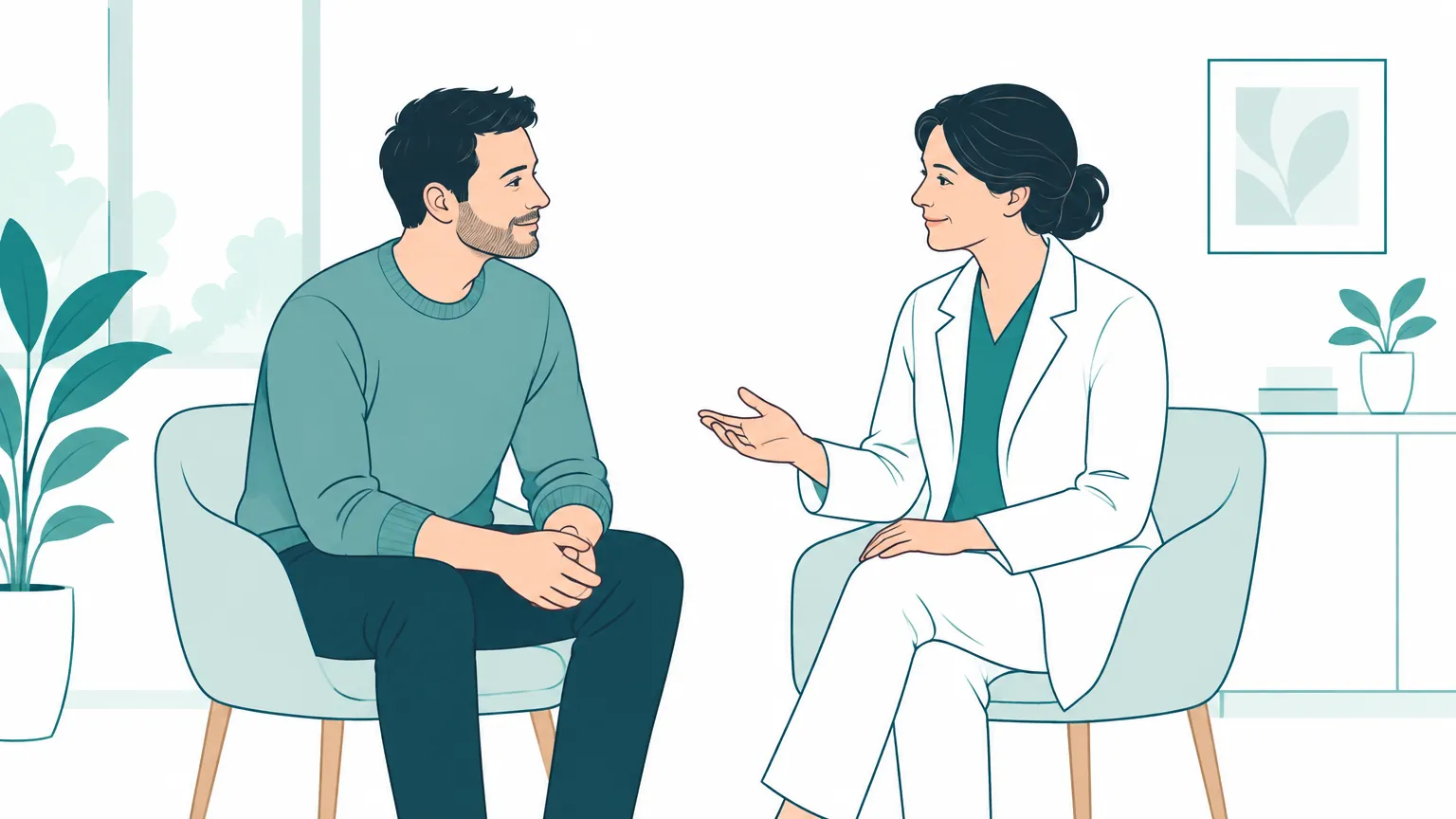 Ilustrație în tonuri calde cu un bărbat care discută relaxat cu un medic într-un cabinet luminos.