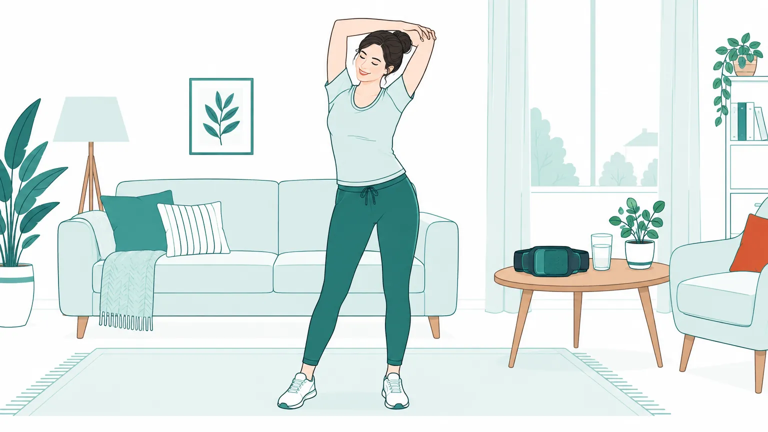 Ilustrație în culori calde cu o femeie făcând exerciții ușoare de stretching într-o cameră luminoasă, lângă o centură de electrostimulare așezată pe masă.