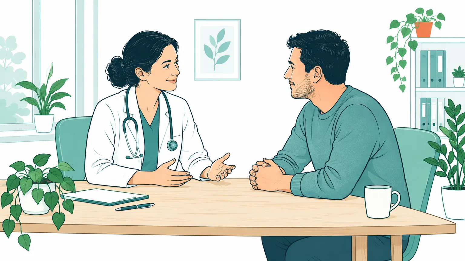 Ilustrație în tonuri calde reprezentând un pacient care discută deschis cu un medic într-un cabinet luminos.