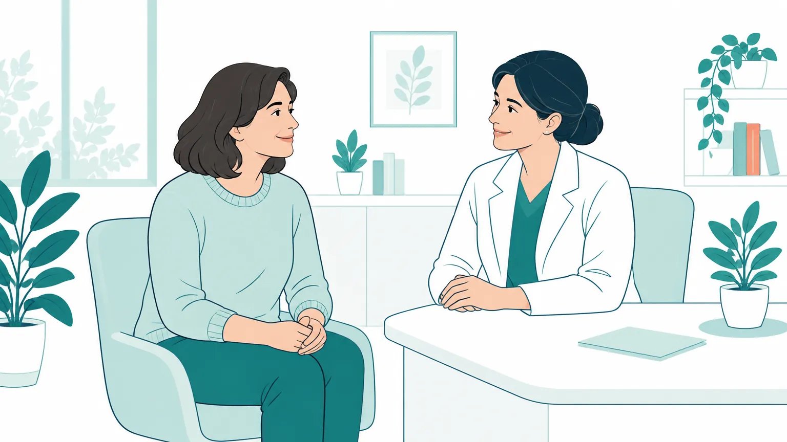 Ilustrație cu o pacientă care stă de vorbă relaxată cu medicul dermatolog într-un cabinet luminos.