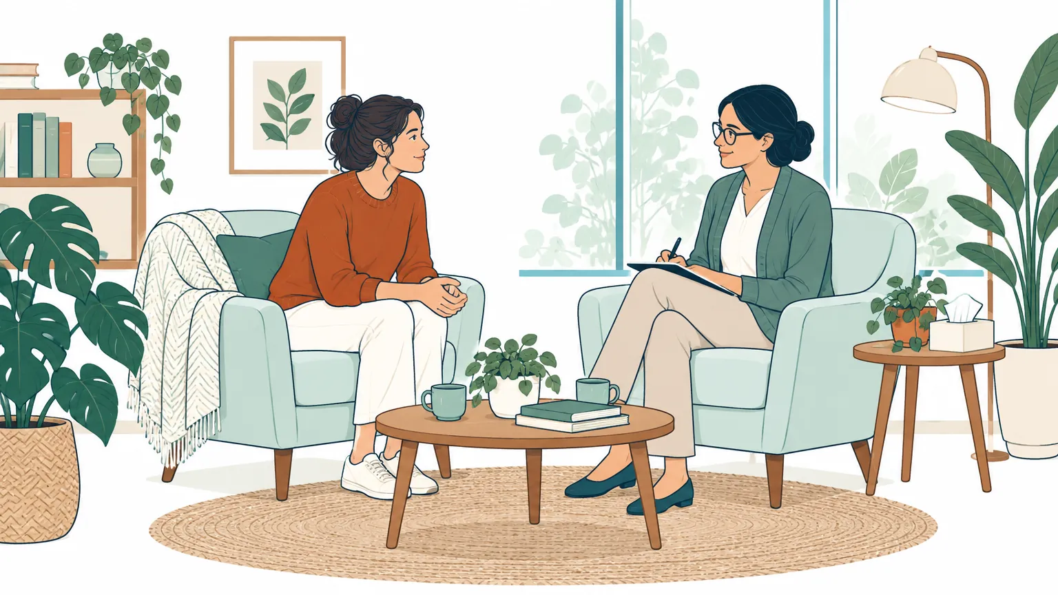 Ilustrație în tonuri calde în care un adult stă de vorbă relaxat cu un specialist într-un cabinet luminos.