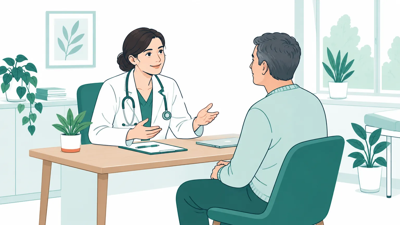 Ilustrație în culori calde cu un medic care discută liniștit cu un pacient în cabinetul de consultații.