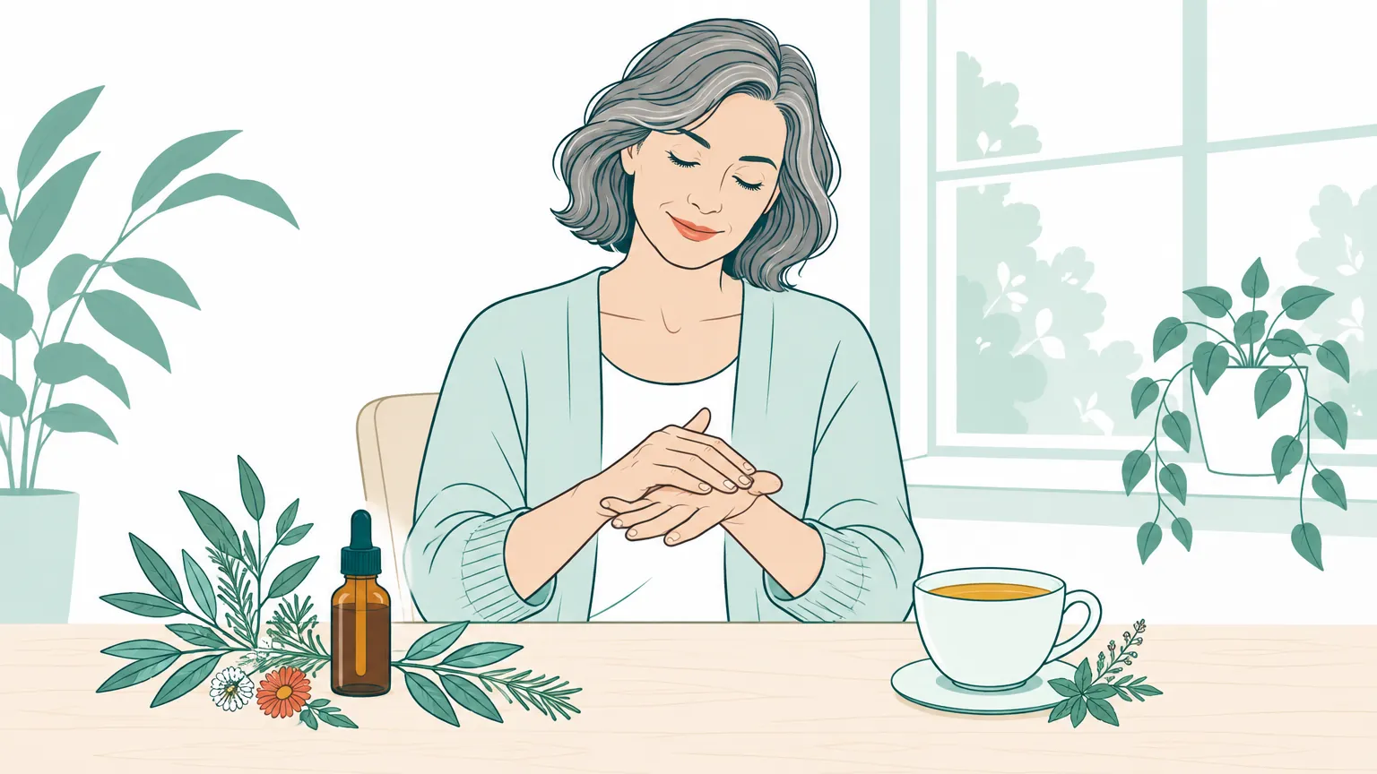 Ilustrație calmă reprezentând o femeie relaxată la o masă cu o sticluță de ulei naturist și plante medicinale, sugerând ameliorarea durerilor.